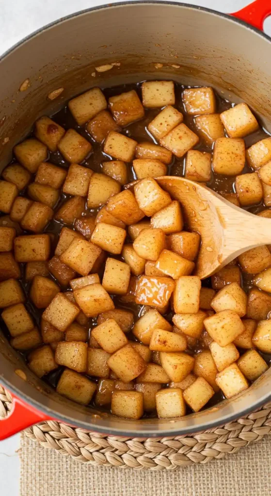 Gros plan sur des pommes coupées en cubes, cuisinées dans une sauce caramélisée, prêtes à être utilisées comme garniture savoureuse pour un gâteau pomme banane.