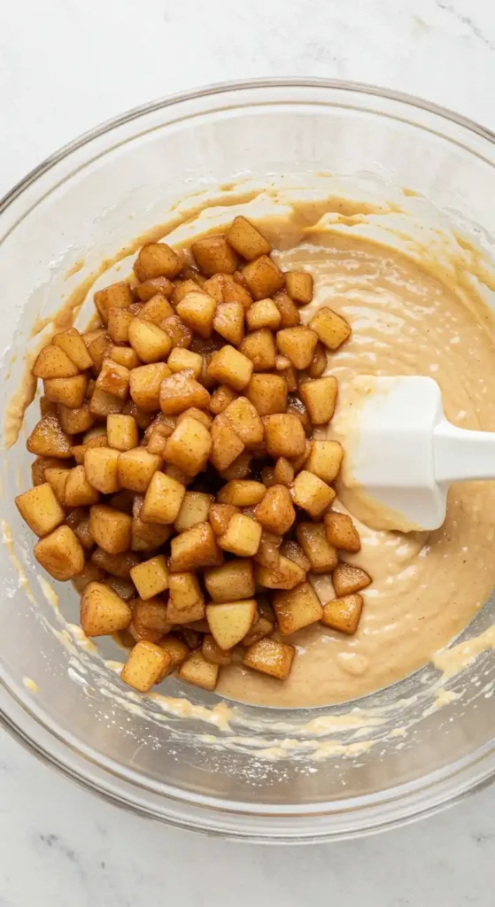 Préparation d'un gâteau pomme banane : vue de dessus d'un bol avec la pâte et des pommes caramélisées.