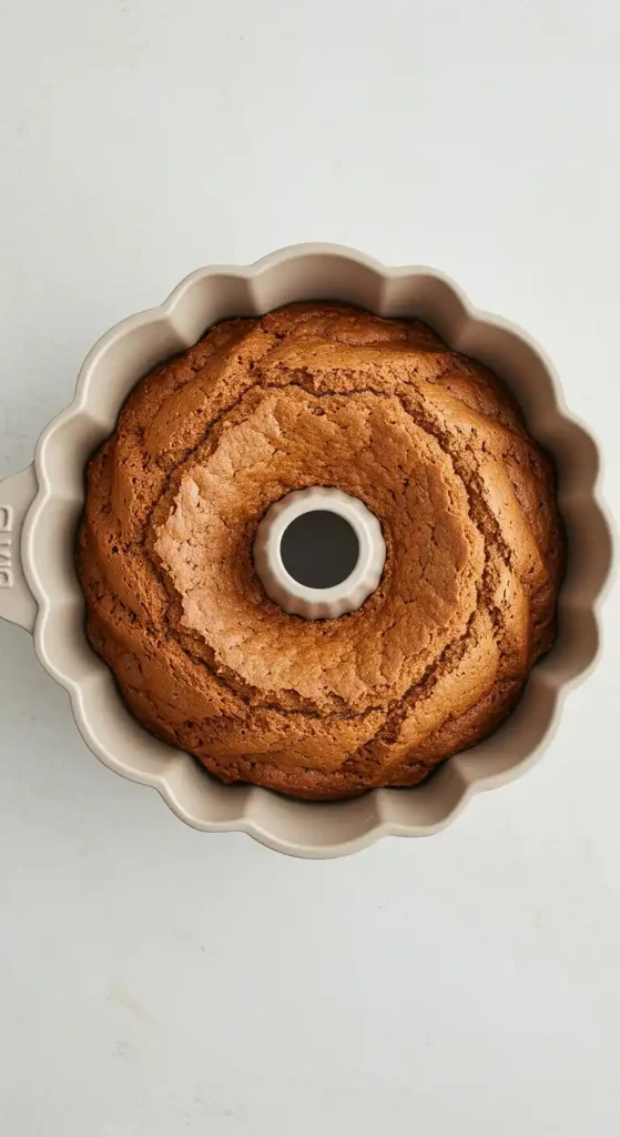 Vue de dessus d'un gâteau pomme banane fraîchement cuit dans son moule à bundt cannelé, avec un fond beige clair