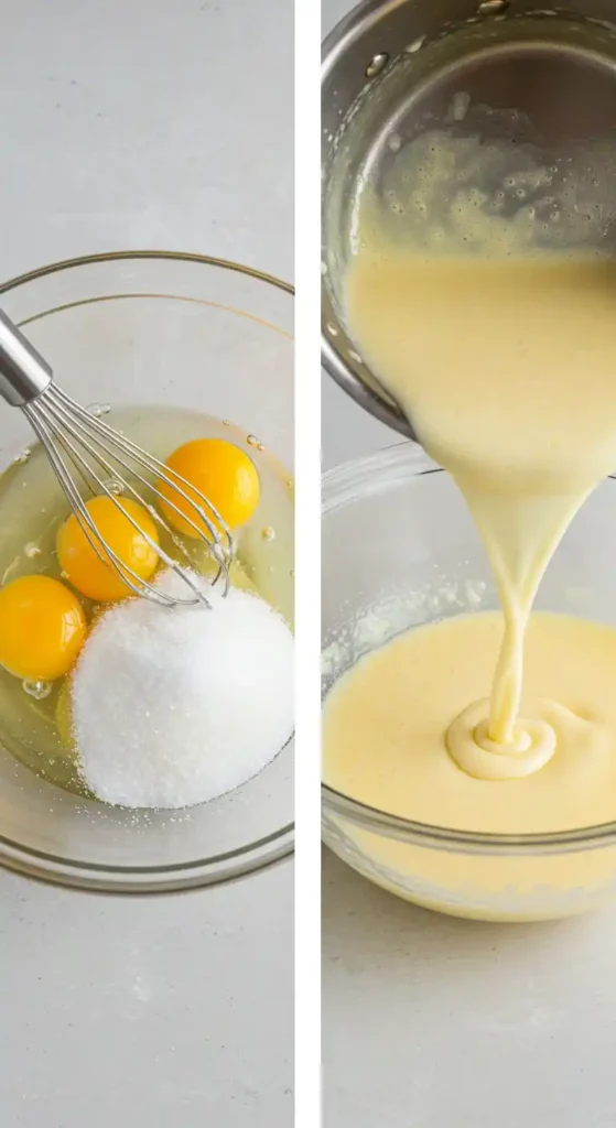 Deux photos juxtaposées illustrant la préparation de la pâte à canelés. À gauche, des œufs entiers et du sucre sont placés dans un saladier en verre, prêts à être fouettés ensemble. À droite, le mélange chaud de lait infusé à la vanille est versé délicatement dans le même saladier, une étape cruciale pour obtenir la texture idéale des canelés.