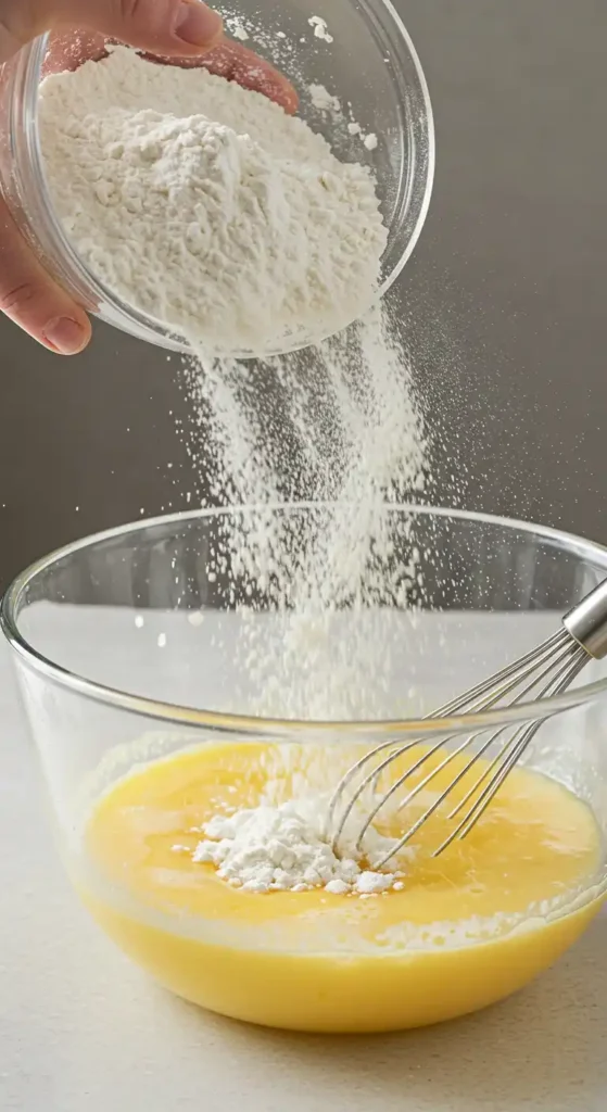 Gros plan sur la préparation de la pâte à canelés. On voit une main verser de la farine en pluie depuis un bol transparent dans un autre saladier contenant un mélange liquide d'œufs, de sucre et de lait infusé. Un fouet métallique est présent dans le saladier, prêt à mélanger les ingrédients.