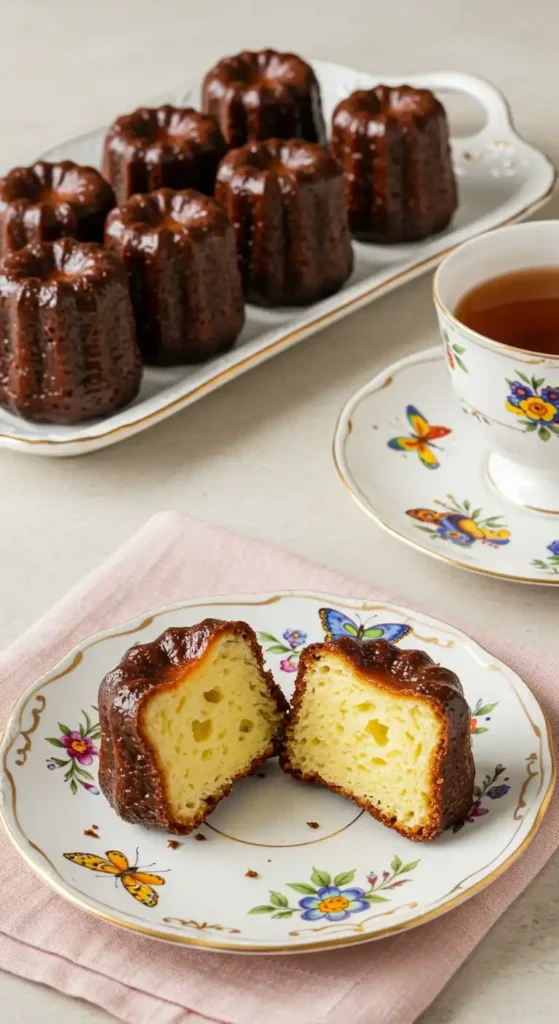 Présentation appétissante de canelés cuits à la perfection. Un plat allongé contient une rangée de ces petites pâtisseries caramélisées, tandis qu'un canelé coupé en deux expose sa mie alvéolée sur une assiette à motifs floraux. Une tasse de thé fumante complète l'ensemble, soulignant la douceur et l'élégance de ces canelés.