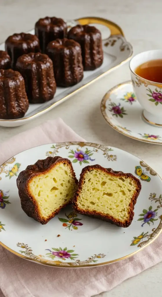 Image rapprochée de délicieux Canelés, pâtisseries françaises avec une croûte caramélisée foncée et un intérieur moelleux et alvéolé. Un Canelé a été coupé en deux pour révéler sa texture unique. Plusieurs autres Canelés sont visibles en arrière-plan sur un plateau, accompagnés d'une tasse de thé.