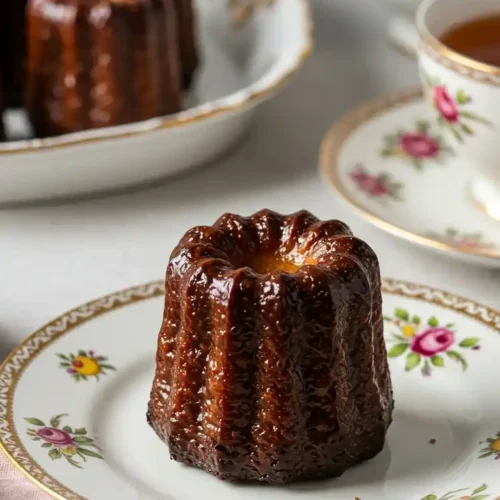 Photo d'un Canelé, pâtisserie française, posé sur une assiette en porcelaine à motifs floraux. Le Canelé présente une croûte caramélisée et brillante. Des Canelés supplémentaires sont visibles en arrière-plan, ainsi qu'une théière et une tasse de thé.