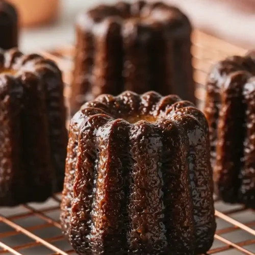 Gros plan sur des Canelés cuits, disposés sur une grille de refroidissement en cuivre. Les cannelés ont une surface caramélisée, avec une texture striée caractéristique.