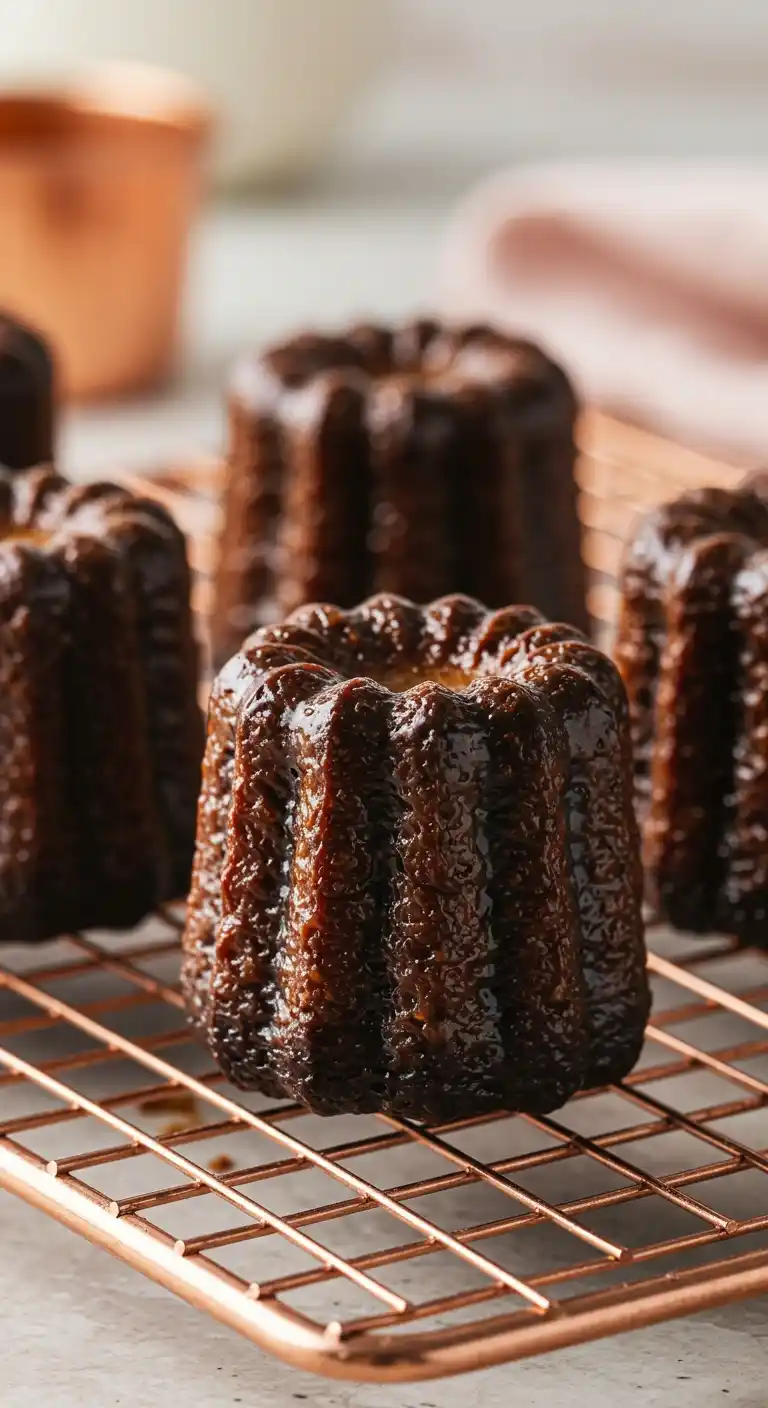 Gros plan sur des Canelés cuits, disposés sur une grille de refroidissement en cuivre. Les cannelés ont une surface caramélisée, avec une texture striée caractéristique.