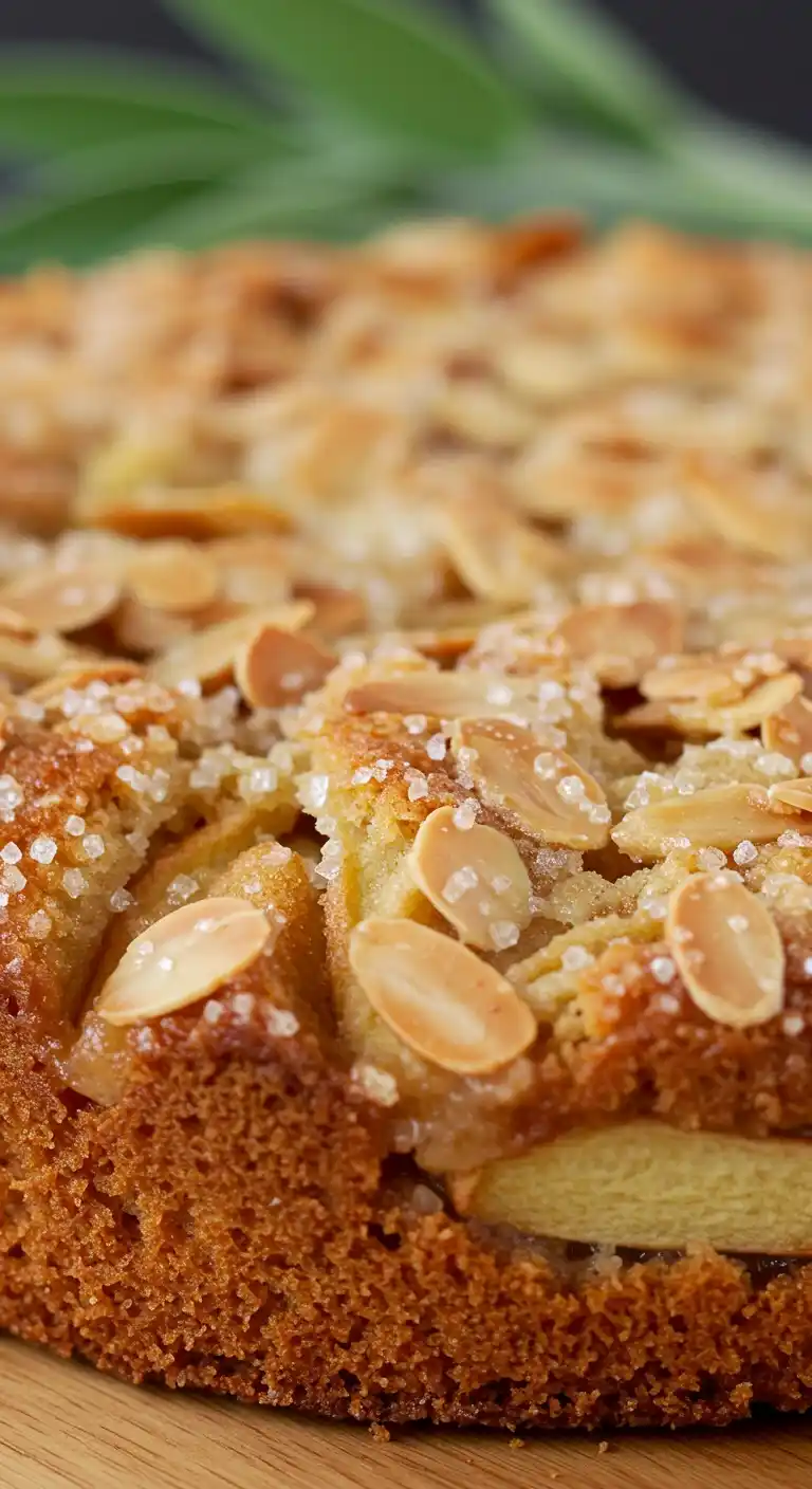 Gros plan d'un délicieux gâteau pomme amandes. On y voit la surface du gâteau, parsemée d'amandes effilées et de cristaux de sucre, avec une croûte dorée et moelleuse sur les côtés. Le gâteau est posé sur une planche à découper en bois. Des feuilles vertes, floues, sont visibles à l'arrière-plan, ajoutant une touche de fraîcheur.