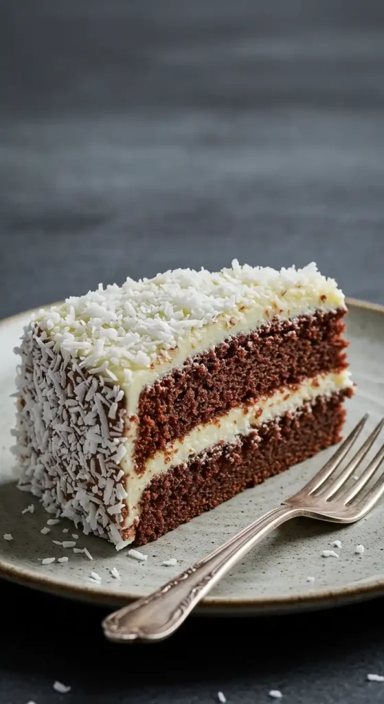 Gros plan d'une part de gâteau à la noix de coco et chocolat sur une assiette beige. Le gâteau est composé de deux couches de génoise au chocolat, séparées par une garniture blanche crémeuse. Il est généreusement recouvert de glaçage blanc et de noix de coco râpée. Une fourchette en métal argenté est visible sur l'assiette, près du gâteau. L'arrière-plan est unie et sombre.