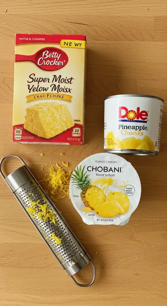 Une vue de dessus présente les ingrédients nécessaires à la préparation d'un gâteau ananas au yaourt, disposés sur une table en bois clair. On distingue une boîte de préparation à gâteau Betty Crocker "Super Moist Yellow Moist" ainsi qu'une boîte de conserve de morceaux d'ananas Dole, suggérant un gâteau à l'ananas. À côté, un pot de yaourt Chobani saveur ananas renforce la thématique. Une râpe en métal est posée sur la table avec de petites quantités de zestes de citron fraîchement râpés dispersées à côté. L'ensemble donne une idée de la préparation d'un délicieux Gâteau ananas au yaourt.