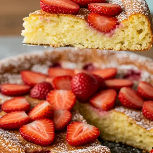 Vue rapprochée d'un gâteau au yaourt sans sucre, avec une part soulevée par une spatule. Le gâteau est parsemé de fraises coupées en deux et légèrement saupoudré de sucre glace.