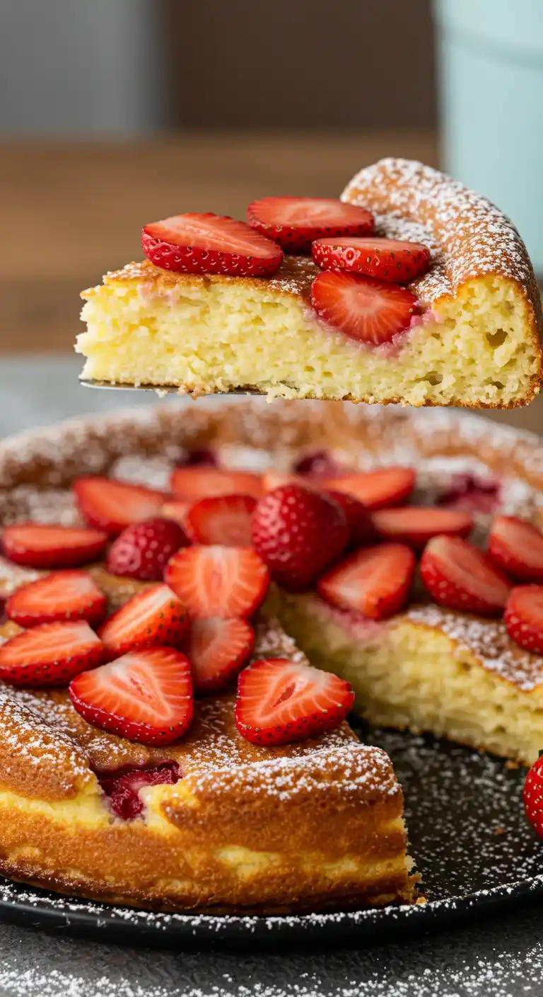 Vue rapprochée d'un gâteau au yaourt sans sucre, avec une part soulevée par une spatule. Le gâteau est parsemé de fraises coupées en deux et légèrement saupoudré de sucre glace.