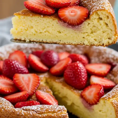 Un gâteau au yaourt sans sucre fait maison, présenté avec des fraises fraîches et saupoudré de sucre glace. Une part est soulevée pour montrer la texture moelleuse du gâteau.