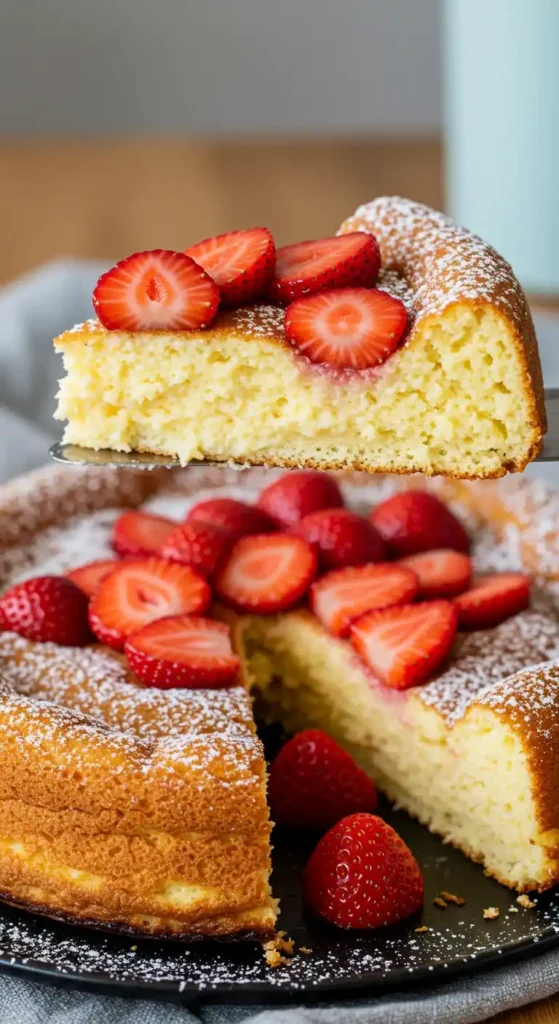 Un délicieux gâteau au yaourt sans sucre, garni de fraises fraîches et saupoudré de sucre glace.