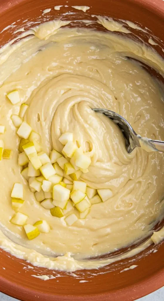 De la pâte à gâteau aux poires et pommes dans un bol, avec des dés de poires prêts à être incorporés.