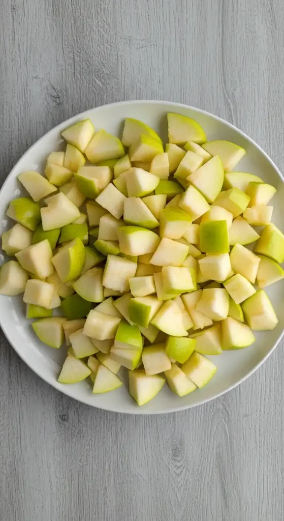 Une vue de dessus d'une assiette blanche remplie de dés de poires et de pommes, prêts pour un gâteau aux poires et pommes. Les fruits sont de couleur verte et jaune clair, et la vaisselle est posée sur une table en bois gris clair.