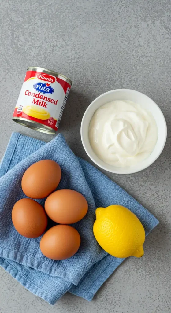 Ingrédients pour Gâteau Nuage au Yaourt : lait concentré, crème, œufs et citron sur une surface grise.