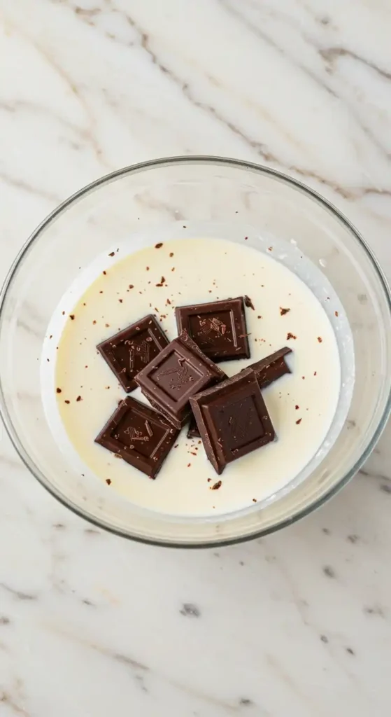 Préparation de la garniture pour la tarte chocolat : du chocolat noir en morceaux est ajouté dans un mélange de crème et de sirop, dans un bol en verre.