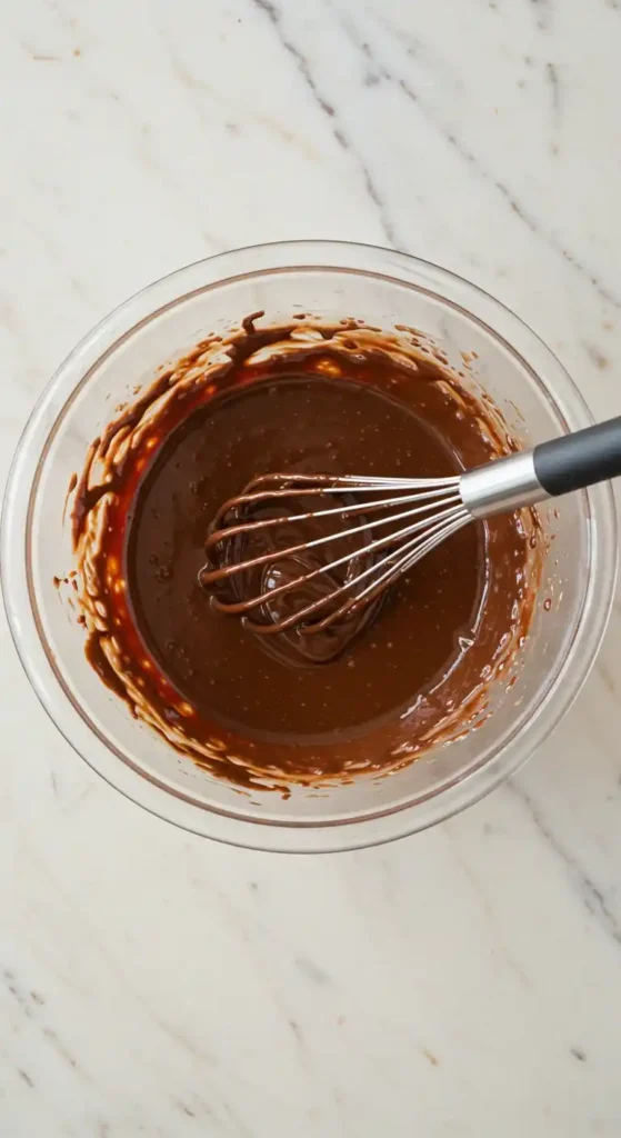 La garniture pour la tarte chocolat, un mélange lisse et brillant de chocolat fondu, crème et sirop, est remuée à l'aide d'un fouet dans un bol en verre.