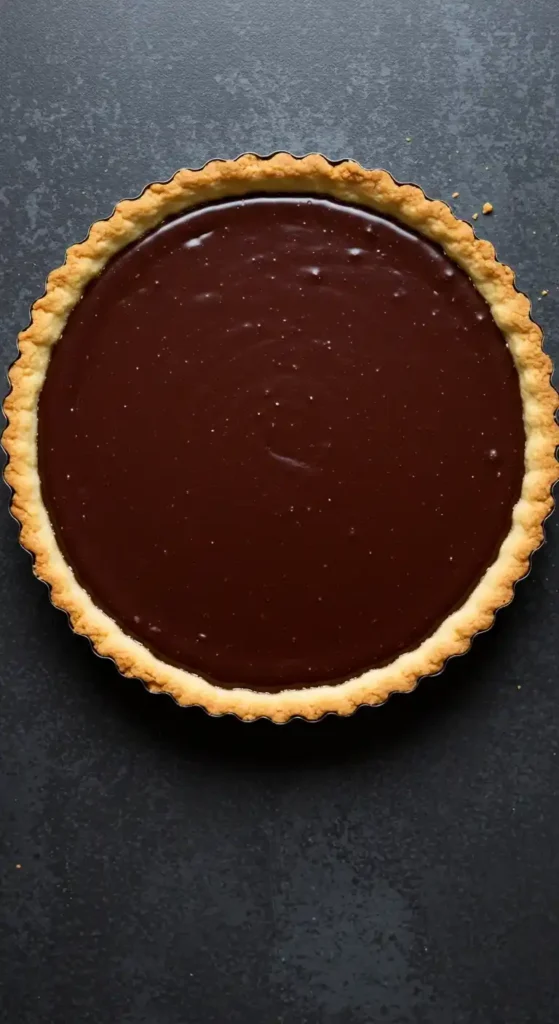 Tarte chocolat terminée, avec sa garniture lisse et brillante, prête à être dégustée. Elle est présentée sur un fond sombre.