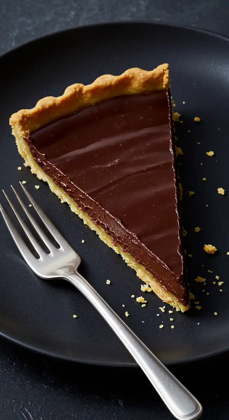 Une délicieuse part de tarte chocolat, avec sa croûte dorée et sa ganache onctueuse, est prête à être savourée sur une assiette noire, accompagnée d'une fourchette.