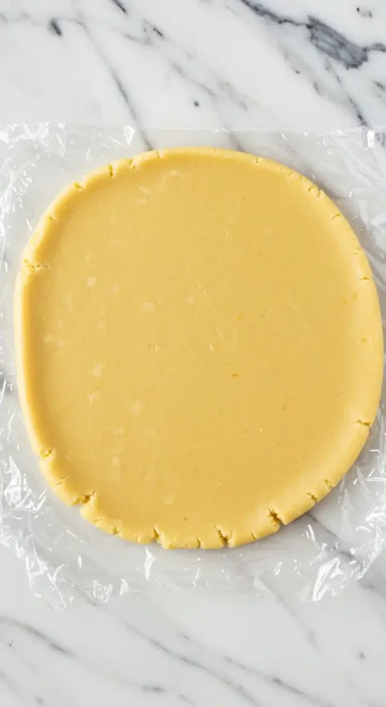 Pâte à tarte chocolat abaissée en un disque, enveloppée dans du film plastique avant d'être utilisée pour foncer le moule