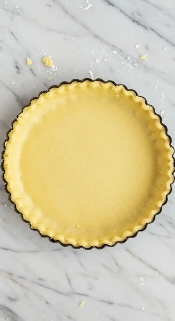 Pâte à tarte chocolat foncée dans un moule à tarte cannelé, prête à être garnie.