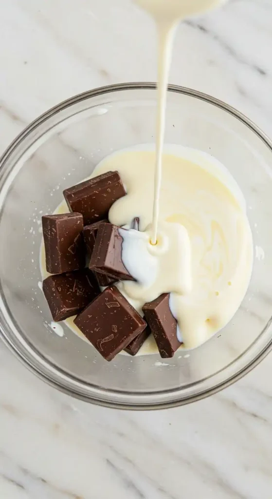 Préparation de la garniture de la tarte chocolat : de la crème liquide chaude est versée sur des morceaux de chocolat noir dans un bol en verre.