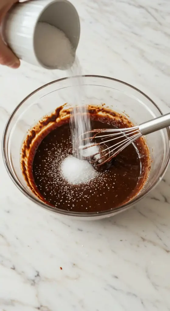 Préparation de la garniture de la tarte chocolat : du sucre est versé dans un mélange de chocolat fondu et de crème, le tout remué avec un fouet.