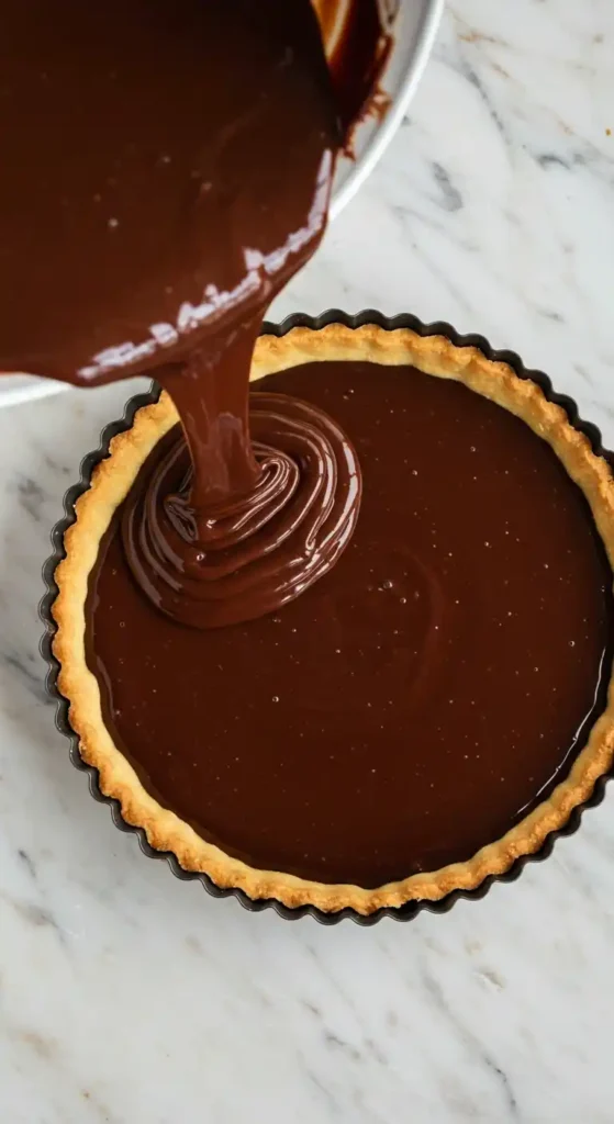 Garniture de la tarte chocolat en cours de versement dans le fond de tarte précuit. La ganache au chocolat est lisse et brillante.