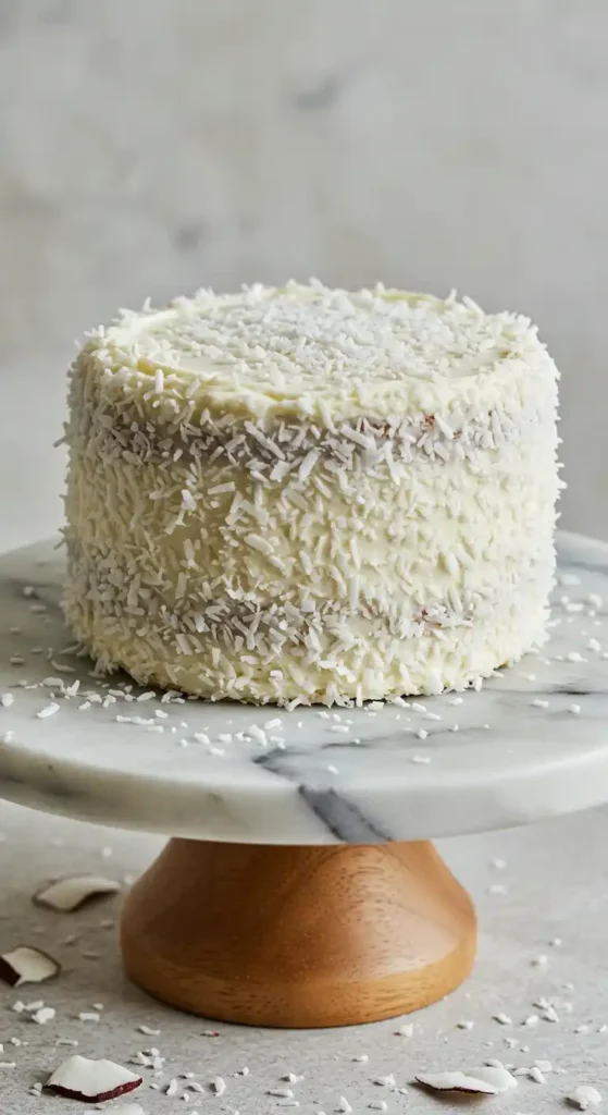 Gâteau à la noix de coco et chocolat, rond et à trois étages, recouvert de glaçage blanc et de noix de coco râpée, présenté sur un présentoir à gâteau en marbre et bois.