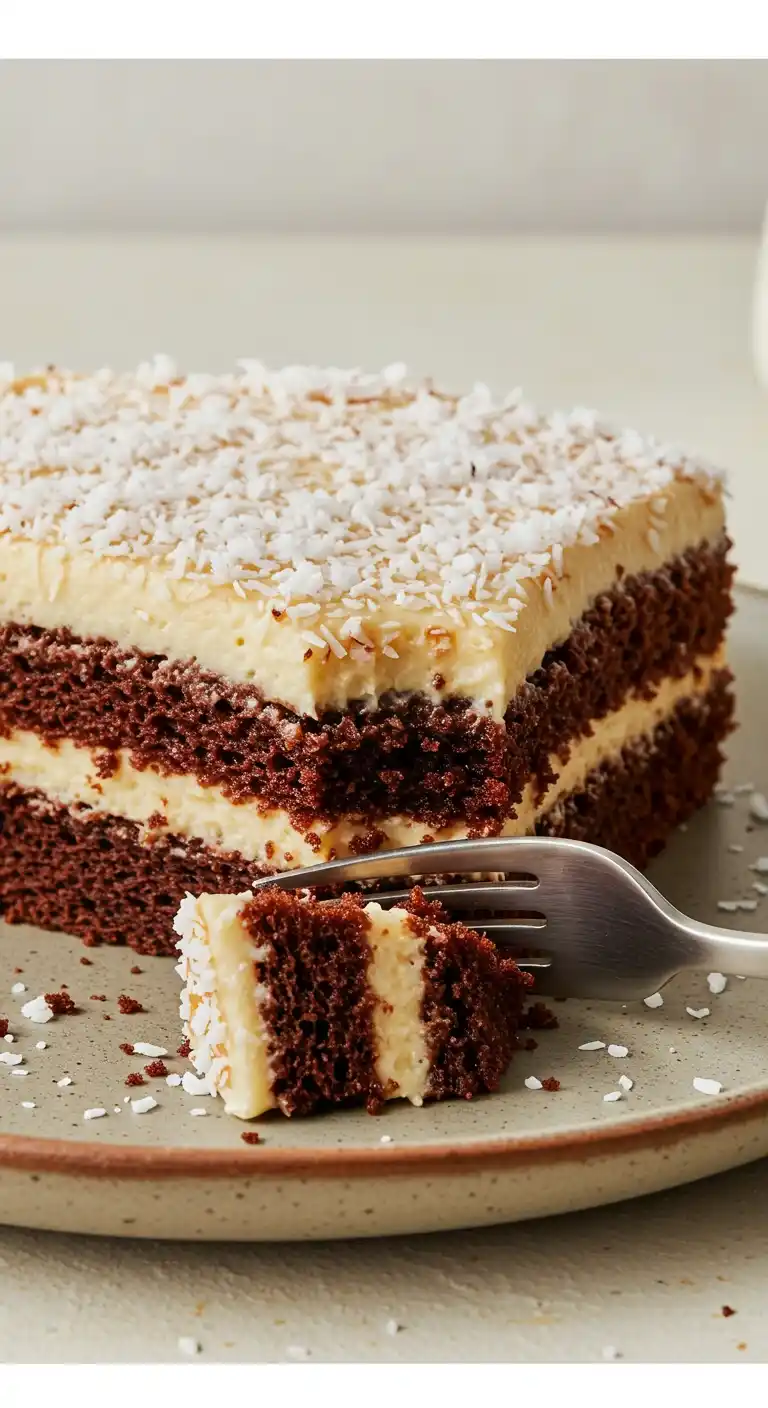 Une tranche de gâteau à la noix de coco et chocolat, présentée sur une assiette en céramique, est coupée à l'aide d'une fourchette. On observe les deux couches de gâteau au chocolat séparées par une couche de crème vanillée, le tout recouvert d'une épaisse couche de glaçage blanc et saupoudré de noix de coco râpée. Des miettes de gâteau et de noix de coco se trouvent éparpillées sur l'assiette.