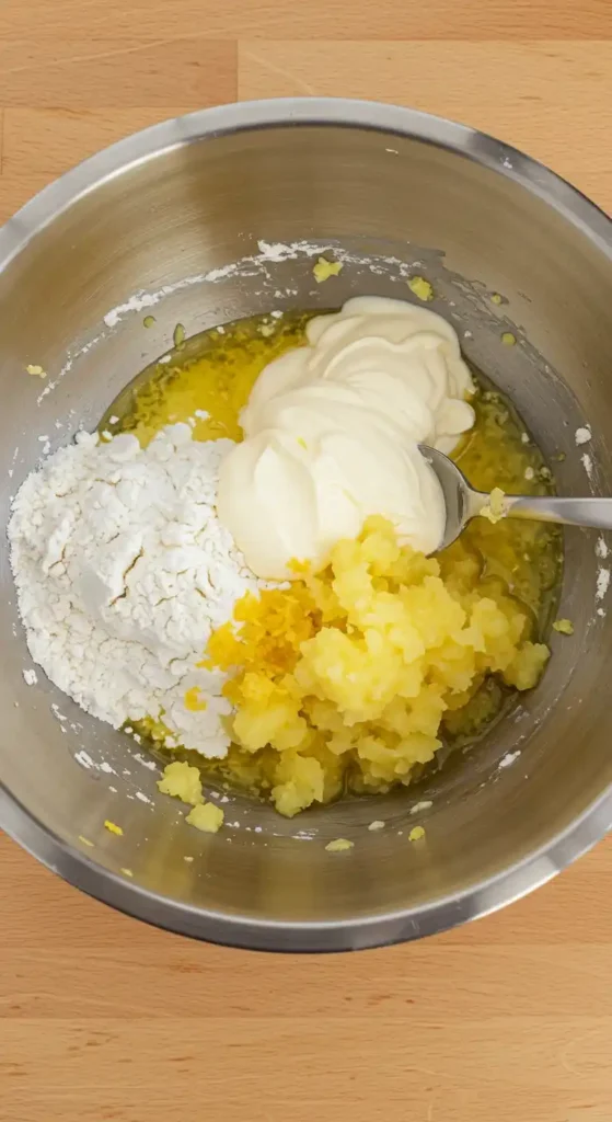 Vue de dessus d'un bol en inox sur un plan de travail en bois, montrant les ingrédients non mélangés d'un gâteau ananas au yaourt : une portion de farine, du yaourt crémeux, des morceaux d'ananas concassé et du zeste de citron. Une cuillère en métal est partiellement visible, enfoncée dans le yaourt.