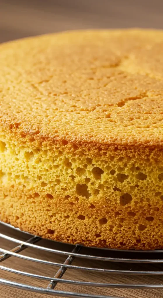 Image en gros plan d'un gâteau moelleux de couleur jaune doré, probablement un Gâteau ananas au yaourt. On observe une texture alvéolée à l'intérieur, avec une croûte légèrement plus dense et dorée. Le gâteau repose sur une grille métallique sur une surface en bois.