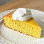 Gros plan sur une part de gâteau ananas au yaourt, moelleux et doré, posée sur une assiette blanche ornée de motifs. Une généreuse portion de glace blanche crémeuse recouvre le dessus du gâteau. La photo est prise sur une table en bois clair, créant une ambiance chaleureuse.