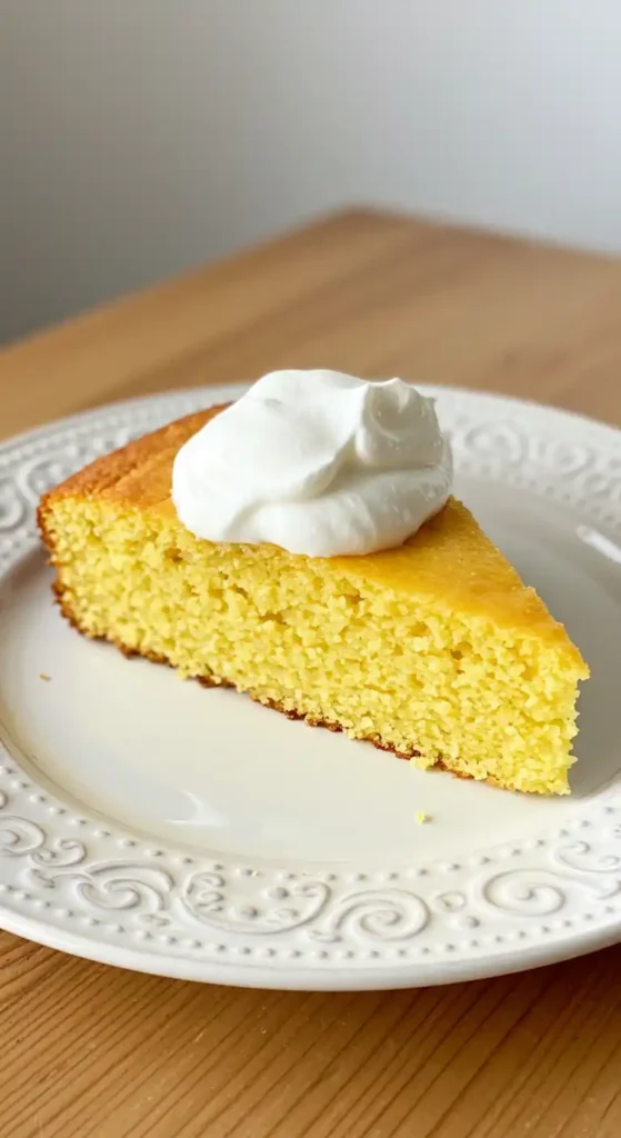 Gros plan sur une part de gâteau ananas au yaourt, moelleux et doré, posée sur une assiette blanche ornée de motifs. Une généreuse portion de glace blanche crémeuse recouvre le dessus du gâteau. La photo est prise sur une table en bois clair, créant une ambiance chaleureuse.