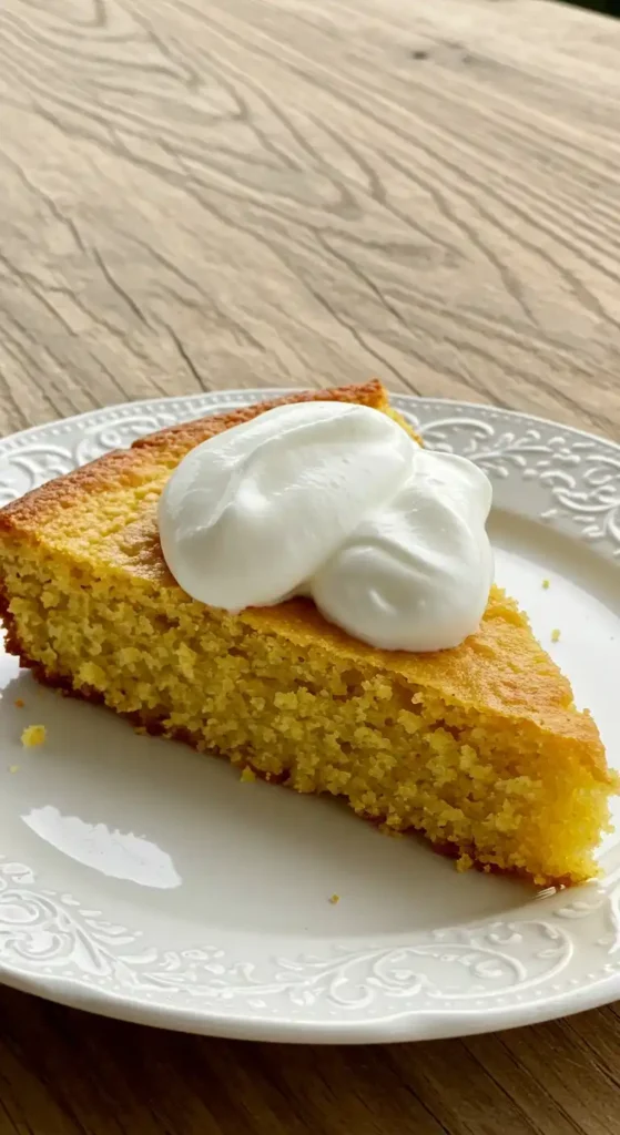 Une part de gâteau ananas au yaourt, avec une belle texture granuleuse et une teinte dorée, est servie sur une assiette blanche et décorée d'une généreuse cuillerée de crème fouettée.