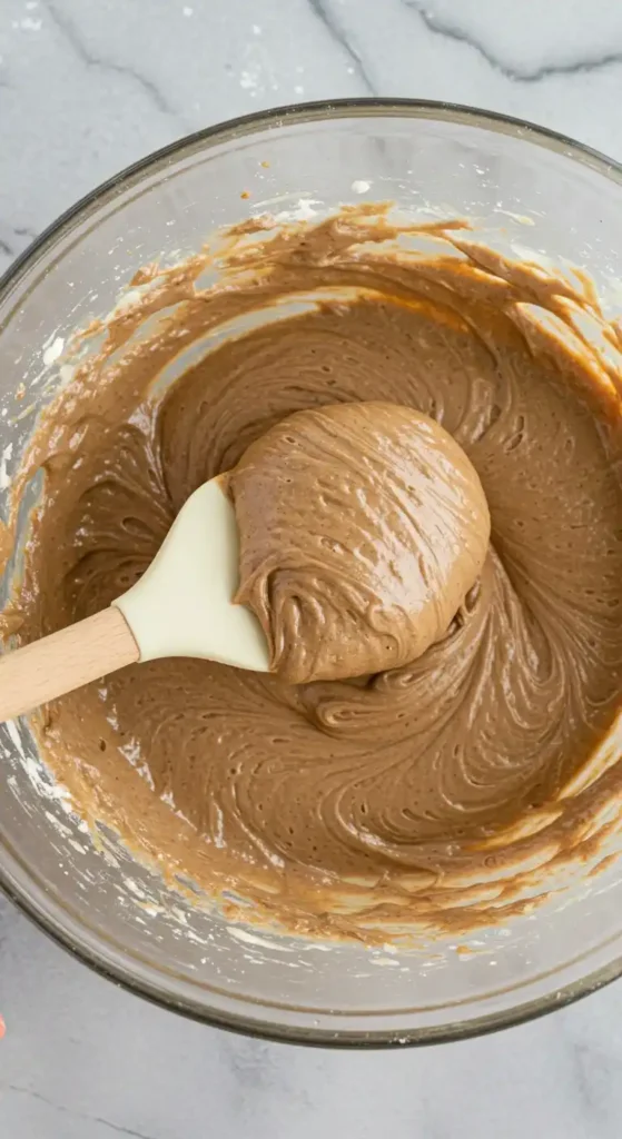 Image en plan rapproché montrant une spatule en silicone beige soulevant une portion de pâte à gâteau au chocolat mousse. La pâte, de couleur marron foncé et lisse, est mélangée dans un grand saladier en verre, présentant des tourbillons et des traces de farine sur les bords. Le fond est une surface grise.