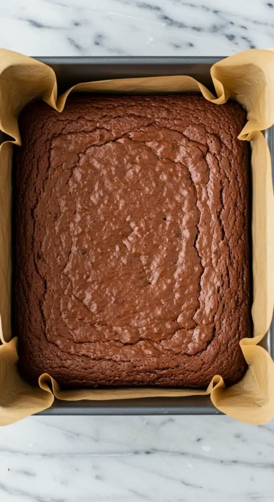 Image en vue de dessus d'un gâteau au chocolat mousse tout juste cuit, disposé dans un moule carré doublé de papier sulfurisé. Le gâteau, d'une couleur marron foncé riche, présente une surface légèrement craquelée caractéristique des gâteaux au chocolat. Le moule est posé sur un plan de travail en marbre blanc.