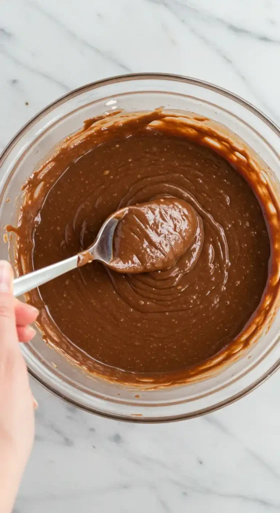 Image en vue plongeante montrant une cuillère en métal plongeant dans une pâte à gâteau au chocolat mousse, de couleur marron foncé, lisse et brillante. La pâte, contenue dans un saladier en verre transparent, présente des marques circulaires indiquant qu'elle a été récemment mélangée. Le fond est un plan de travail en marbre blanc.