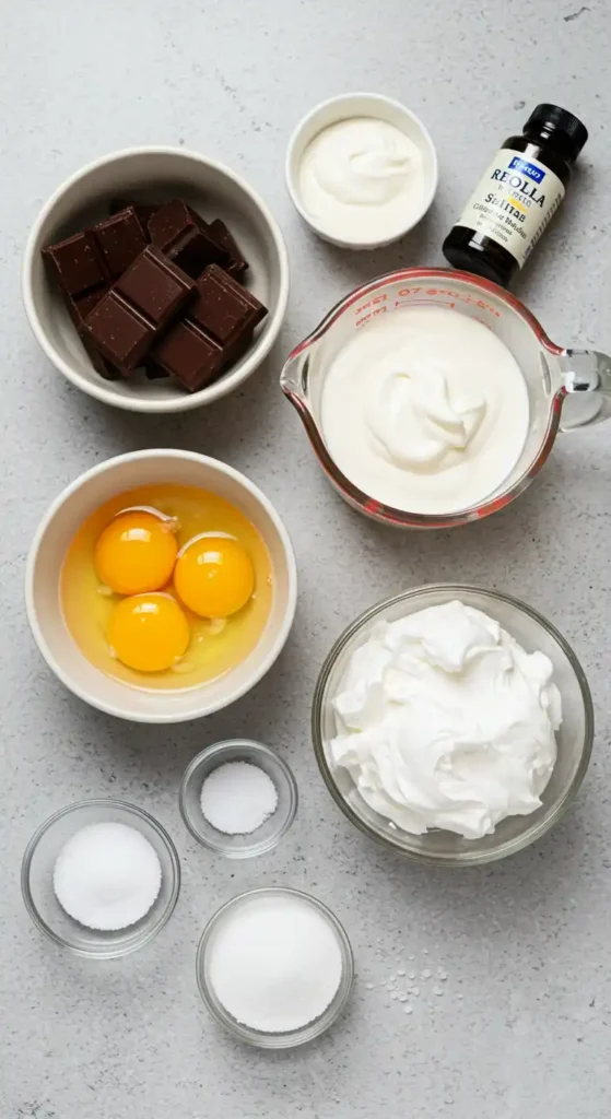 Image en vue plongeante montrant les ingrédients préparés pour un gâteau au chocolat mousse. On distingue du chocolat noir en morceaux, trois œufs entiers dans un bol, de la crème fraîche dans un grand verre mesureur et dans un petit bol, du sucre, du sel et de la crème épaisse dans des bols séparés, ainsi qu'une bouteille d'extrait de vanille. Tous les ingrédients sont disposés sur une surface grise.