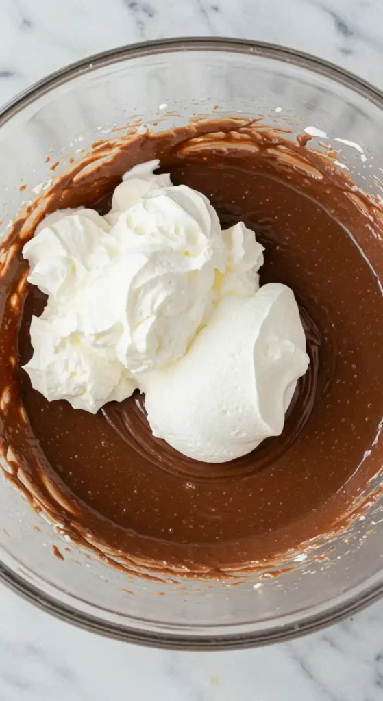 Image en vue de dessus d'un saladier en verre transparent contenant une pâte à gâteau au chocolat mousse, de couleur marron, dans laquelle une généreuse quantité de crème fouettée blanche et aérienne est en train d'être incorporée. La scène est prise sur un plan de travail en marbre blanc, préparant le mélange pour la mousse du gâteau.