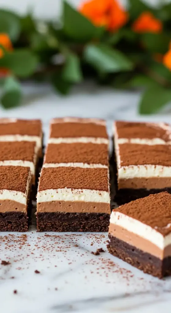 Photo en plan rapproché de plusieurs parts individuelles de gâteau au chocolat mousse, disposées sur un fond en marbre blanc. Chaque part est composée d'une base en gâteau au chocolat, d'une couche de mousse au chocolat et d'une couche de crème, le tout saupoudré de cacao en poudre. Un arrière-plan flou de feuilles et de fleurs oranges ajoute une touche décorative