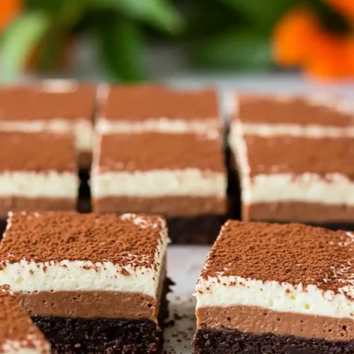 Image d'un gâteau au chocolat mousse coupé en parts individuelles, présentées sur un plan de travail en marbre blanc. Les parts de gâteau, avec leurs trois couches distinctes de gâteau, de mousse au chocolat et de crème, sont recouvertes de poudre de cacao. Un fond flou avec des fleurs orangées ajoute une touche de couleur à la composition.