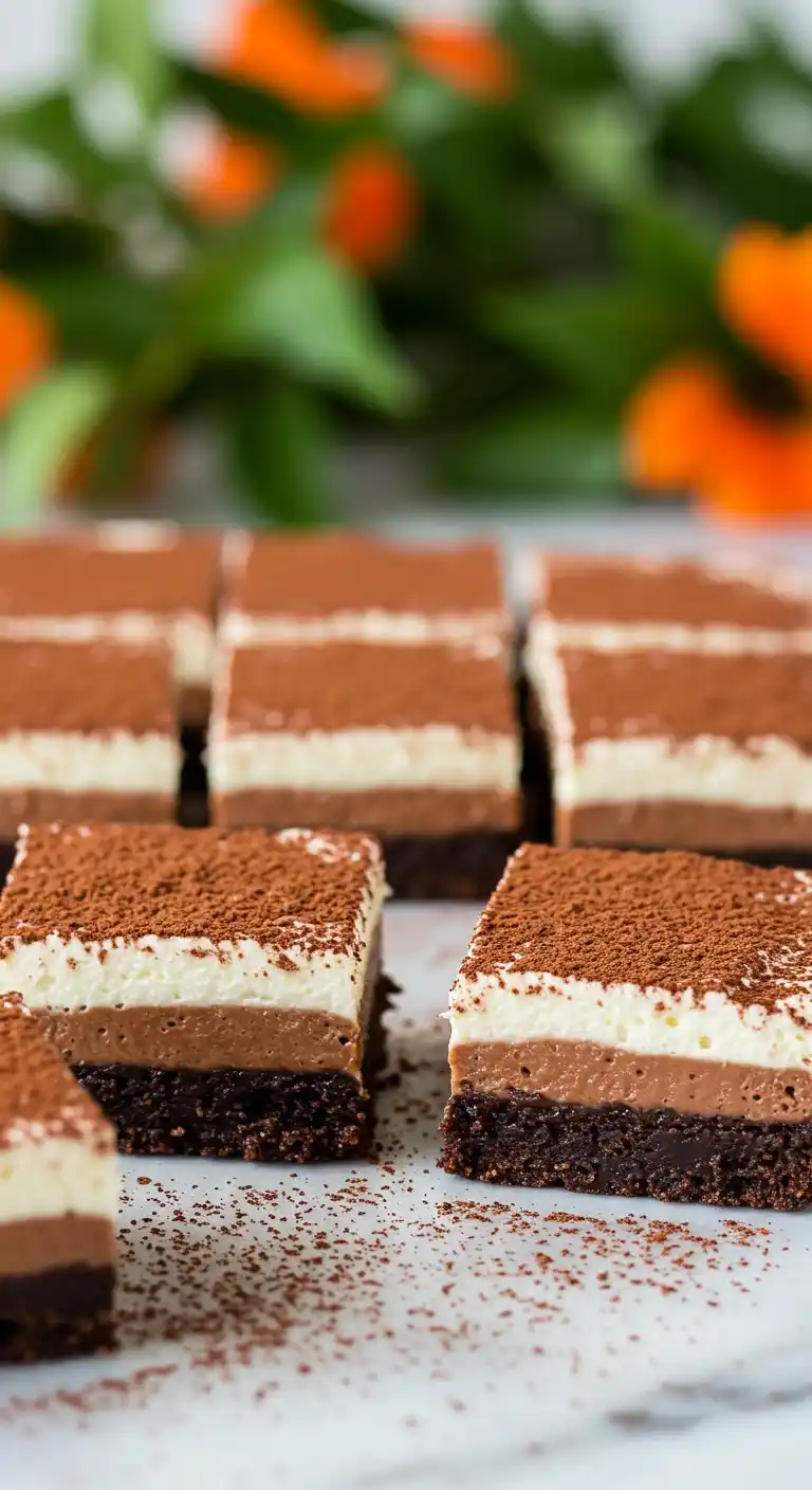 Image d'un gâteau au chocolat mousse coupé en parts individuelles, présentées sur un plan de travail en marbre blanc. Les parts de gâteau, avec leurs trois couches distinctes de gâteau, de mousse au chocolat et de crème, sont recouvertes de poudre de cacao. Un fond flou avec des fleurs orangées ajoute une touche de couleur à la composition.