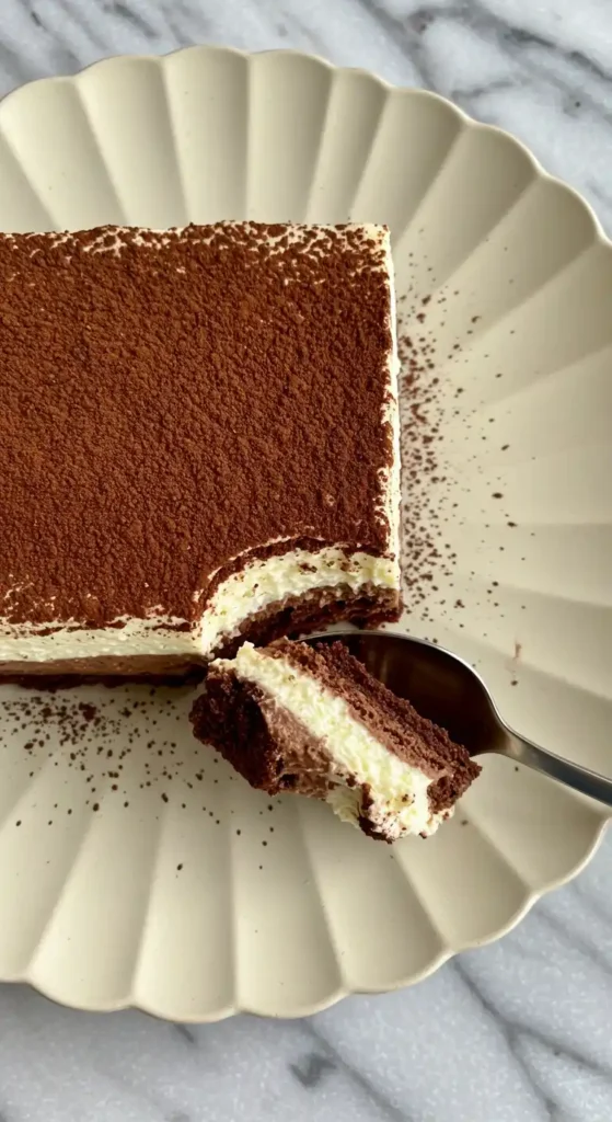 Photo en gros plan d'une portion de gâteau au chocolat mousse, reposant sur une assiette à motifs beige. Une cuillère en métal est utilisée pour soulever une petite bouchée du gâteau, révélant les trois couches : un fond de gâteau au chocolat, une mousse au chocolat, et une crème légère, le tout saupoudré de cacao. Le fond est un plan de travail en marbre.