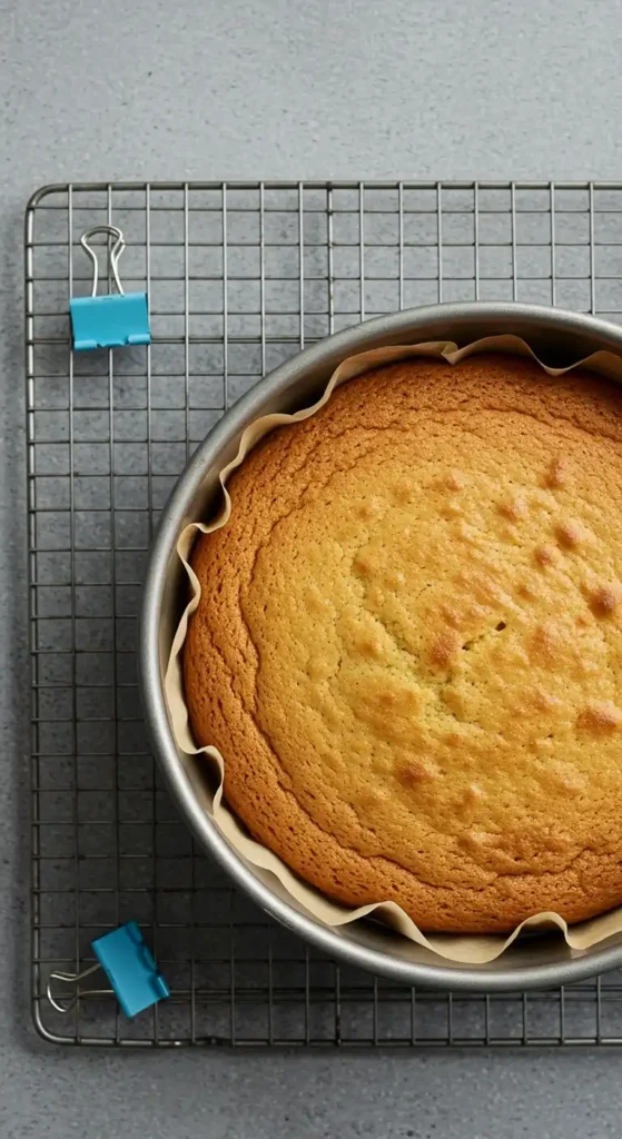 Vue de dessus d'un gâteau aux pommes caramélisées cuit dans un moule rond, posé sur une grille métallique avec deux pinces bleues