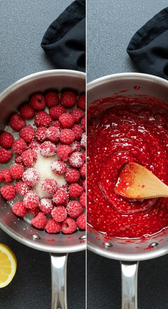 Image divisée en deux. A gauche, une casserole en inox contenant des framboises fraîches saupoudrées de sucre. A droite, la même casserole, mais les framboises sont réduites en une purée rouge vif et brillante, remuée par une spatule en bois. Cette préparation est une étape dans la confection d'un gâteau aux framboises et chocolat.