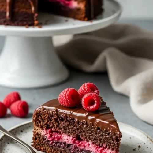 Gros plan d'une part de gateau aux framboises et chocolat, avec une garniture crémeuse de framboises, une ganache au chocolat brillante et des framboises fraîches sur le dessus. Un gateau entier se trouve en arrière-plan sur un présentoir blanc