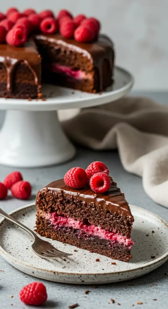 Gros plan d'une part de gateau aux framboises et chocolat, avec une garniture crémeuse de framboises, une ganache au chocolat brillante et des framboises fraîches sur le dessus. Un gateau entier se trouve en arrière-plan sur un présentoir blanc