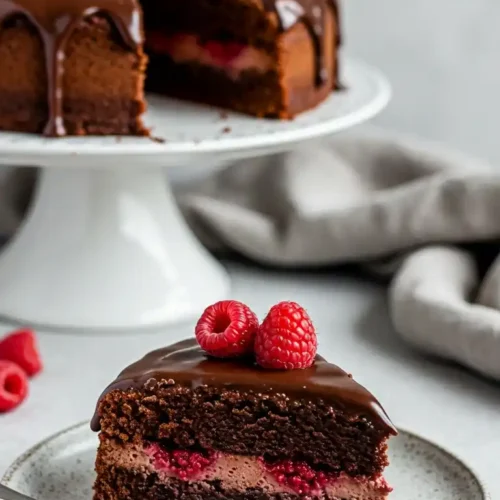 Un morceau de gâteau aux framboises et chocolat est présenté en gros plan, avec des framboises fraîches sur le dessus et une couche de crème de framboise entre les couches de gâteau au chocolat. Un gâteau entier similaire est visible en arrière-plan sur un présentoir, soulignant la gourmandise de ce dessert.